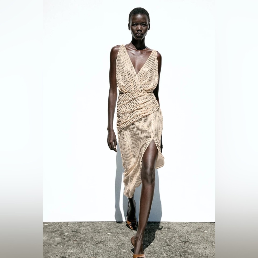 ZARA SEQUIN MIDI DRESS GOLD